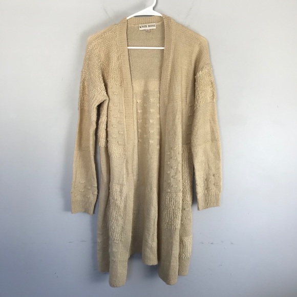 Knox Rose Textured Knit Cardigan Sweater Tan Long Open Front Sz S - Picture 1 of 7